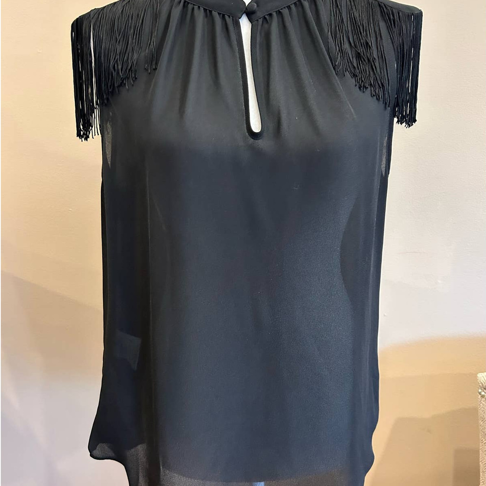 BCBG Eneration Black Fringe Sleeveless Top with Keyhole Detail, Size M